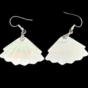Boho Vintage Carved Mother of Pearl Sterling Fan Dangle Earrings Statement Chic